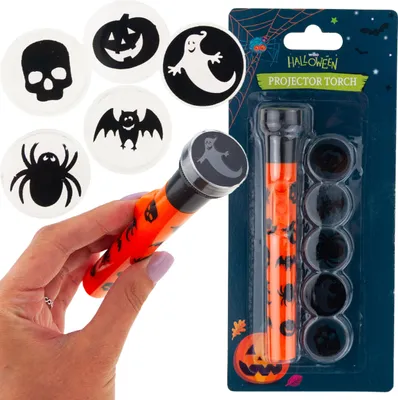 Zdjęcie produktu dla Latarka z projektorem z nasadkami, z tworzywa sztucznego, zestaw motywów halloweenowych, zasilana bateryjnie, 5 motywów, zestaw