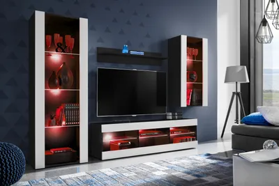 Produktbild von Komodee | Wohnwand mit TV-Schrank und Vitrine Tivoli Set Medio, Korpus Schwarz Matt Frontfarbe Weiß Matt, LED RGB