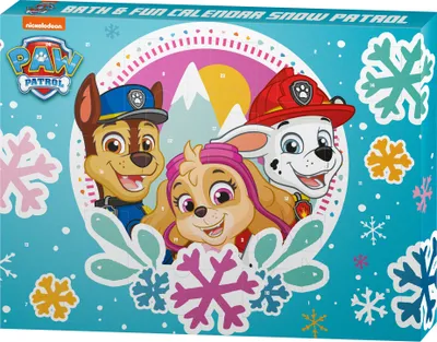 A Paw Patrol themed advent calendar with characters Chase, Skye, and Marshall on the front, surrounded by snowflakes and wintery graphics.