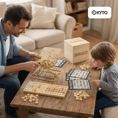 Produktbild von Bingo Deluxe Premium Holzbox, 150 Chips, 75 Kugeln und Spielbrett aus Holz, 18 + 500 Bingokarten