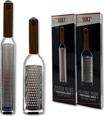 Produktbild von Unyqoos® REDSALT® Premium Zester- & Julienne-Reibe-Set aus Edelstahl mit Holzgriff, Küchenraspel für Zitrone, Ingwer, Karotte, Käse (Parmesan), Profi-Hobel