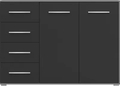 A dark gray sideboard with two doors on the right and four drawers on the left, set against a light gray and white background.