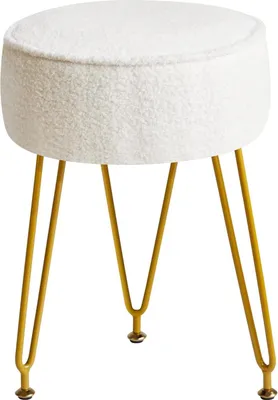 Immagine prodotto di Pouf da trucco in velluto teddy bianco con poggiapiedi | Tavolino ottomano, sgabello da trucco, pouf e poggiapiedi per soggiorno e camera da letto