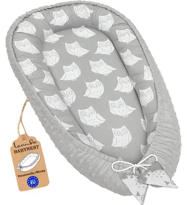 Produktbild von LEANBE Babynest Kokon aus Baumwolle & Minky - Grau Minky / Eulen