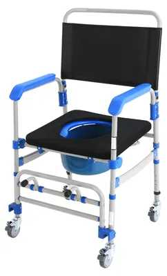 Produktbild von Toilettenstuhl mit Rollen - Dusch- & Toilettenrollstuhl - 4 Räder mit Bremse - Klappbar - Höhenverstellbar - 125 kg Tragkraft - 56 cm Sitzbreite - Schwarz