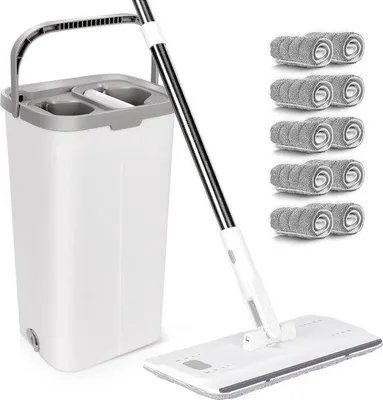 Produktbild von Famanu Wischmopp Set mit 132 cm verstellbarem Handgriff und 10 Mikrofasermopp-Pads - 2-in-1 Reinigungseimer