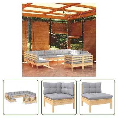 Produktbild von The Living Store 11-tlg. Garten-Lounge-Set mit Grauen Kissen Kiefer Massivholz