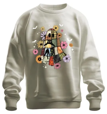 Productafbeelding van Halloween, patchwork kattenprint, bloemen, herfst, vintage, boho, sterren, uni sweatshirt, trui, natuur, XXL
