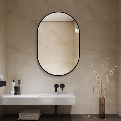 Image de Miroir en arc 60 x 90 cm, cadre en aluminium noir, miroir mural HD sans cuivre, miroir de salle de bain en arc, montage horizontal ou vertical, cadre en aluminium, miroir de couloir, style moderne