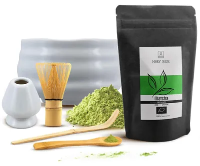 Produktbild von Mary Rose - Matcha Tee Set Premium 30g - Keramik Schale Matchawan Yuki 500ml - Weiß Halter - Japanischer Grüntee Erste Ernte Mit Chasen