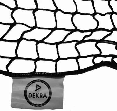 A close-up of a black net with a grey label attached.