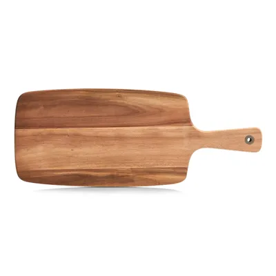 A wooden cutting board with a handle is shown against a white background.