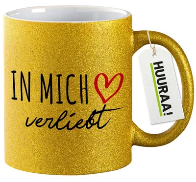 Produktbild von Huuraa Glitzertasse In mich verliebt 330ml Gold Keramik Kaffeebecher Geschenkidee