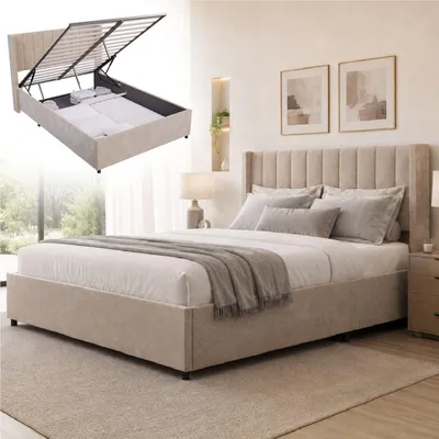 Produktbild von Juskys Polsterbett Savona 140x200 cm - Bett mit Stauraum, Lattenrost, Samt-Bezug - Bettgestell aus Holz, bis 250 kg, großes Kopfteil - Beige