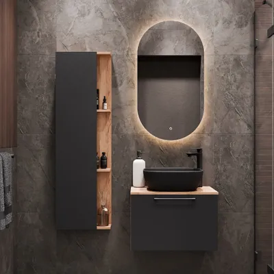 Produktbild von Planetmöbel Waschtischunterschrank Astra 60 cm gold eiche / anthrazit mit Aufsatzwaschbecken schwarz und Seitenschrank gold eiche / anthrazit