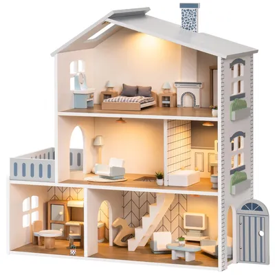 Produktbild von ROBUD Puppenhaus aus Holz Lichtern,3 Etagen, inklusive Möbeln und Treppe,Spielze