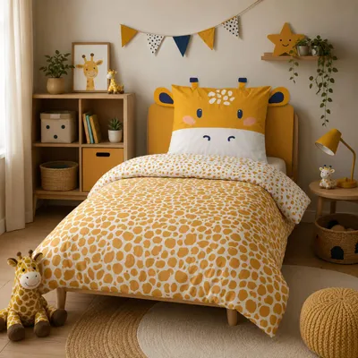 Produktbild von Kinder Bettwäsche Set 135x200 80x80 cm süße Giraffe Bettwäsche mit Ohren, 2 teilig, Renforcé aus 100% Baumwolle mit Reißverschluss