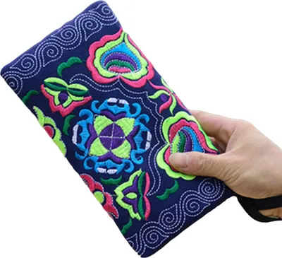 Produktbild von Frauen ethnische handgemachte bestickte Wristlet Clutch Bag Reißverschluss Geldbörse Lange Brieftasche Schwarz