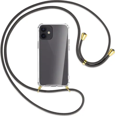 Produktbild von Handykette Backcover-Schutzhülle mit Band (Metall goldfarben) für Apple iPhone 12 Mini - dunkelgrau