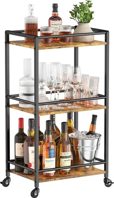 Produktbild von Barwagen, 3-stufiger Barwagen mit Rädern, Teewagen auf arretierbaren Rädern, Küchen-Cocktail-Weinwagen für Esszimmer und Wohnzimmer, Getränkewagen, Barwagen mit Rädern 43,2x30x81,5 cm, rustikal braun