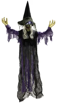 Immagine prodotto di Decorazione di Halloween da 183 cm: strega di Halloween sospesa con luci LED, funzione audio, braccia e bocca regolabili