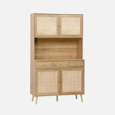 Produktbild von sweeek - Küchenschrank aus Holz und Rattan-Geflecht mit 4 Türen und 3 Schubladen, B 110 cm - Natur