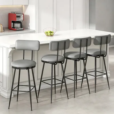 Produktbild von INONEFT Barhocker 4er-Set mit Rückenlehne, Industrie-Design Küchenstühle mit Fußstütze, PolyurethanBezug, Mid-Century-Modern-Stil, Grau