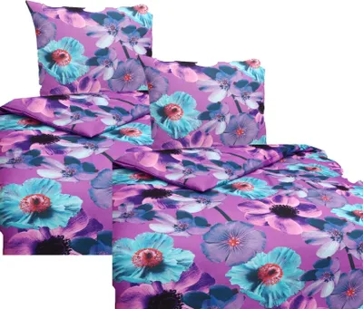 A set of bedding with a floral pattern, including a duvet cover and pillowcases, arranged on a white background.