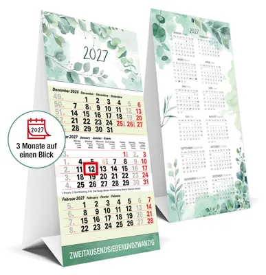 Produktbild von 3 Monatskalender 2027 Tischkalender zum Aufstellen - Datumsschieber, Kalenderwochen, Eukalyptus