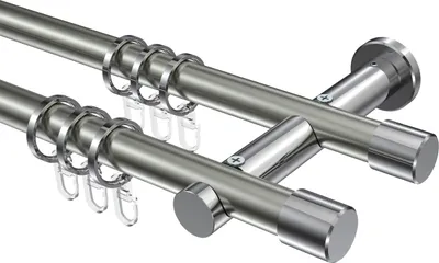 Produktbild von Interdeco Gardinenstange / Vorhangstange Edelstahl-Optik / Chrom, Typ Platon Santo (Kappe), 20 mm Ø 2-läufig, 180 cm