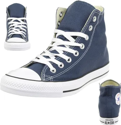Multiple views of a pair of blue Converse Chuck Taylor All Star high-top sneakers against a white background.