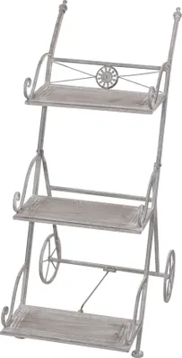 A three-tiered plant stand with wheels, designed to resemble a vintage cart.