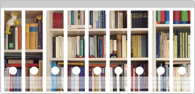 Produktbild von Wallario Ordnerrücken Sticker, selbstklebend für breite Ordner, 9 Stück, Motiv Weißes Bücherregal mit unterschiedlichen Büchern