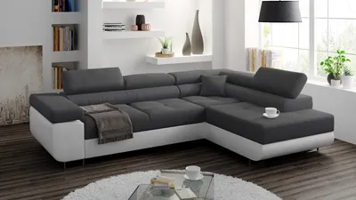 Produktbild von Ecksofa mit schlaffunktion und bettkasten, Sofa L-form, Couch L-form Webstoff  Dunkelgrau + weiß   Ottomane rechts
