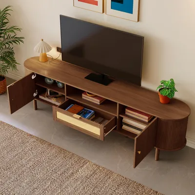 Produktbild von okwish Moderner TV-Schrank Fernsehbank mit doppeltüren und offene Ablage,Fernsehschrank mit Metallbeinen und abgerundeter Tischplatte,Nussbaum