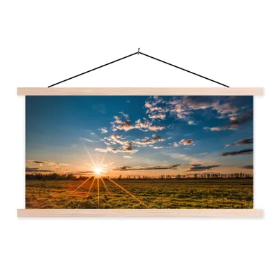 Produktbild von MuchoWow® Textilposter Sonnenuntergang - Natur - Wolken - Gras 60x30 cm mit holzfarbenen Rahmen - Dekoration