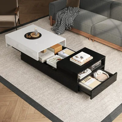 Produktbild von MODFU Couchtisch Kaffeetisch mit Farbkontrast-Design,Beistellschrank Wohnzimmertisch mit Schiebeplatte und 1 Schublade,schwarz+weiß