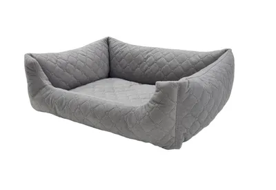 A gray dog bed with raised edges, shown from a side-angle on a white background.