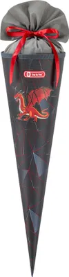 A school cone with a dragon design, tied with a red ribbon.