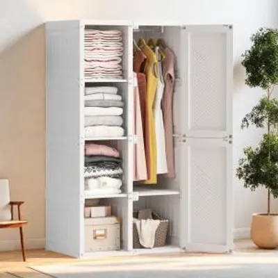 Produktbild von UnboxG Kleiderschrank Set Aufbewahrungsschrank Faltbar Aufbewahrungsbox mit Kleiderstange PP-Kunststoff für Schlafzimmer Ankleidezimmer Kleidung