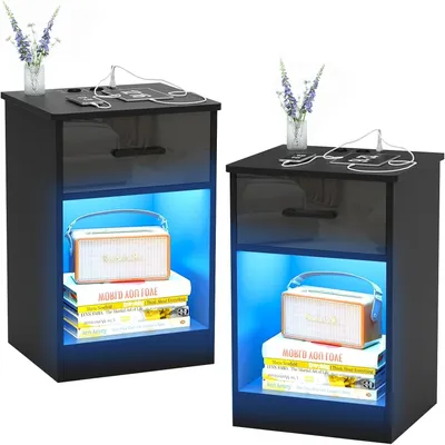 Produktbild von 2x Nachttisch mit Steckdose & USB,LED Schwarz Hochglanz Nachtkommode,Smart Nightstand,Beistelltisch Kommode Sofatisch für Schlafzimmer 40x35x60cm
