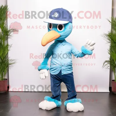 Produktbild von Cyan-Flamingo REDBROKOLY Maskottchen kostüm gekleidet in Bootcut jeans und Mützen