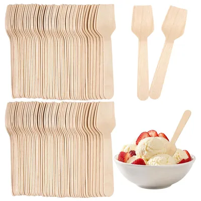 100 Holz-Wegwerflöffel, 9,5 cm Mini-Eislöffel