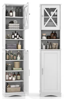 Image de Armoire de salle de bain autoportante avec porte et étagères réglables, dimensions 40 x 30 x 170,5 cm, couleur blanche