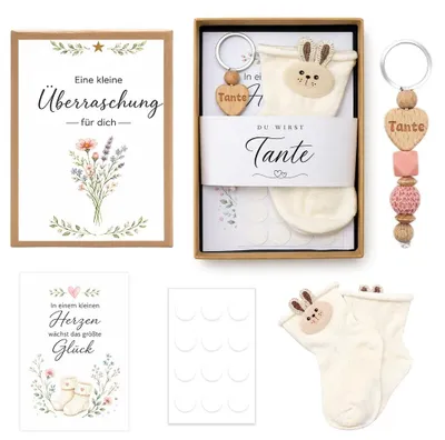 Productafbeelding van Baby aankondigingsset: babysokken en sleutelhanger, cadeau voor een tante