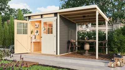 Produktbild von Karibu Gartenhaus Gerätehaus Glücksburg 3 im Set mit Anbaudach terragrau 397x217x220 cm