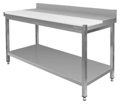 Zdjęcie produktu dla Kuchenny stół gastronomiczny ze stali nierdzewnej przyścienny z płytą polietylenową i półką Mega-M 150x60x85 cm