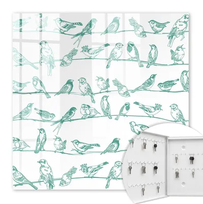 Produktbild von Metall Schlüsselkasten 30 x 30 cm - weißer Schlüsselschrank zur Wandmontage - wandhängende Schlüsselbox mit Tür - nach links öffnend - Schlüsselaufbewahrung für Flur - Büro - Arbeitszimmer - Werkstatt - Garage - Vögel auf den Zweigen