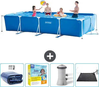 Zdjęcie produktu dla Basen Intex z prostokątną ramą - 450 x 220 x 84 cm - niebieski - zawiera markizę - pakiet konserwacyjny - pompę filtrującą do basenu - matę solarną