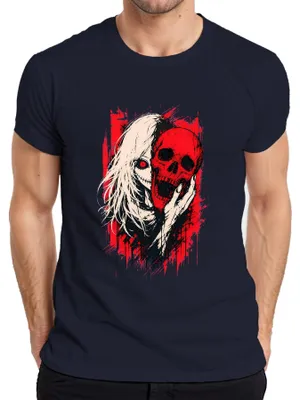 Produktbild von Horror Anime Girl Roter Totenkopf Skull Gothic Grunge Japan Manga Herren T-Shirt, Navy, 3XL